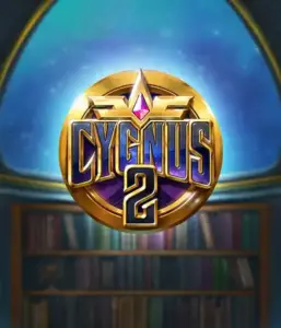 Experience the magical visuals of Cygnus 2 Slot by ELK Studios, highlighting a luxurious emblem with a vibrant design in purple and gold. With a backdrop of a mystical library setting, this graphic evokes the essence of adventure and mystery. 